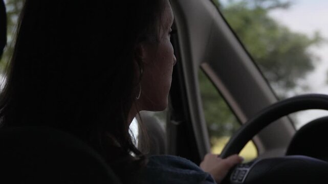 Confident Driver Woman Driving Car Silhouette Against Green Trees