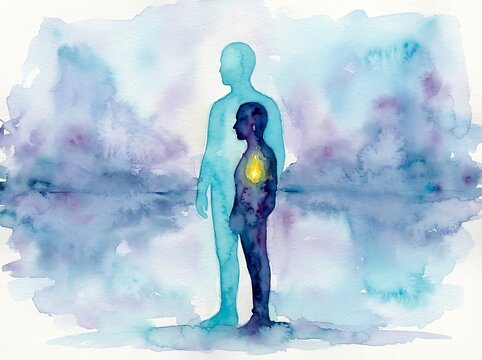 Abstract watercolor painting of a human silhouette with a glowing heart center.
