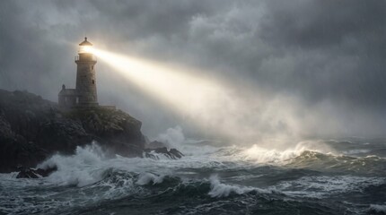 Fototapeta premium Lighthouse beam illuminating stormy ocean waves under dark cloudy sky