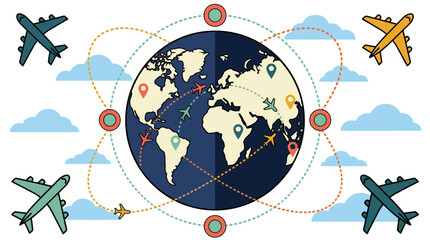 Global Travel and Aviation Network Illustration with Airplanes and Flight Routes © Chihiro