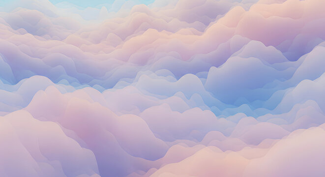 Aerial perspective of soft dreamy pastel clouds with smooth rolling waves in pink and light blue tones.