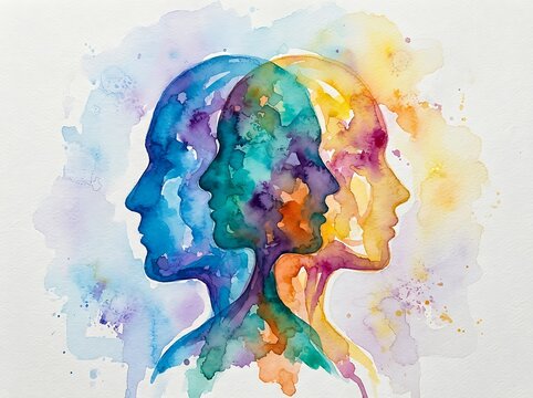 Abstract watercolor illustration featuring multiple human head profiles in vibrant colors representing mental health.