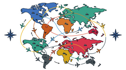 Colorful Stylized World Map with Global Flight Routes and Airplane Icons © Chihiro