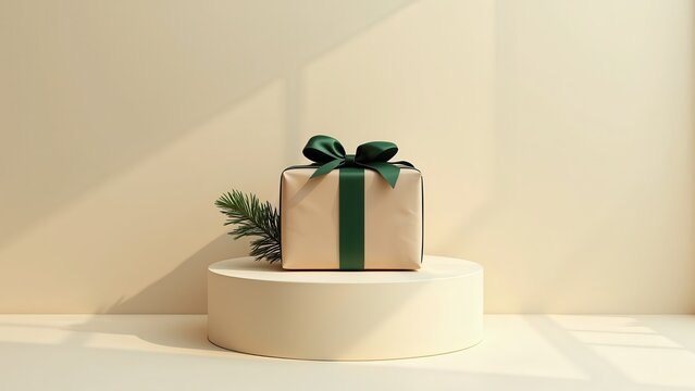 Photorealistic single Christmas gift on a cream pedestal, natural handmade paper wrapping, dark green ribbon, small evergreen branch