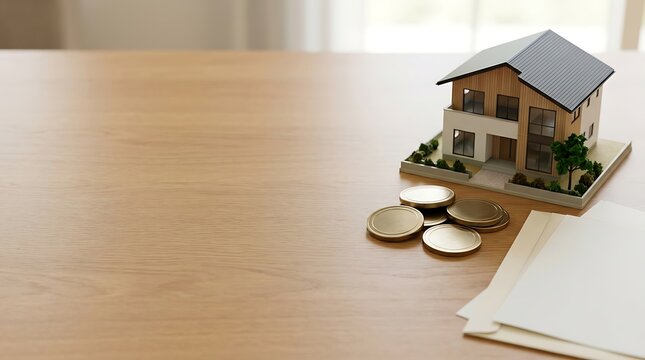 Miniature house model with gold coins on a wooden table with copy space for real estate investment concepts