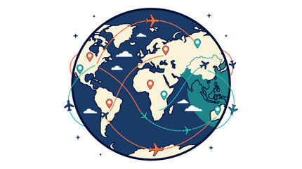 Global Travel and Flight Routes Illustration with Airplane Icons and Map Pins © Chihiro