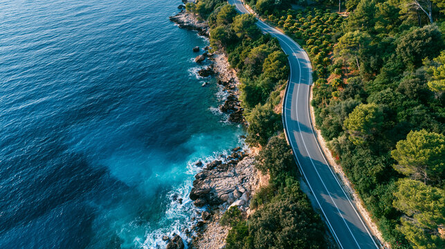 An aerial view of a winding coastal road with lush green trees beside the turquoise ocean waters.