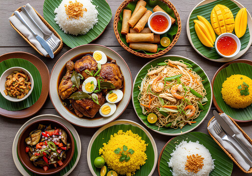 Filipino Cuisine Table Spread Featuring Chicken Adobo, Pancit Noodles, Lumpia Spring Rolls, and Mango