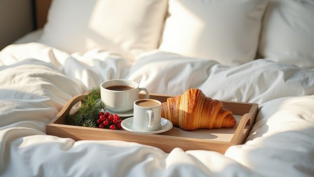 Photorealistic Christmas breakfast in bed, tray with coffee, croissant, berries and small evergreen branch, cozy white bedding, soft winter morning sunlight