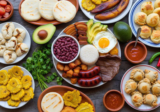 Traditional Latin American Feast with Bandeja Paisa, Fried Plantains, Arepas, Beans, and Empanadas