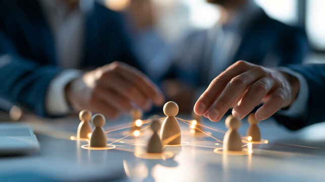 Low-angle shot of HR managers in crisp business attire placing 3D figurine icons on a bright white conference table, corporate talent acquisition and workforce outsourcing concept