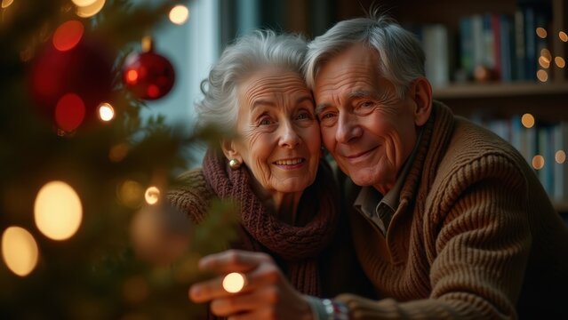Photorealistic elderly couple quietly decorating a Christmas tree together, warm intimate home, natural smiles
