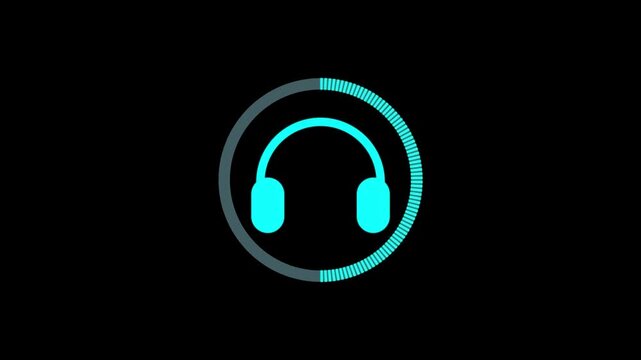 Headphones icon in circle isolated on black background. Music video elements