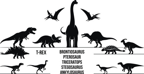 Dinosaur silhouettes collection featuring T-Rex Triceratops Brontosaurus Pterosaur Stegosaurus and Ankylosaurus © SORANANDA