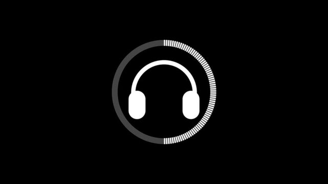 Headphones icon in circle isolated on black background. Music video elements