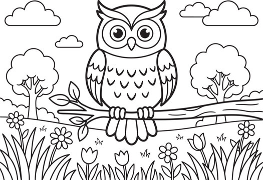A cute owl sitting on a tree branch in a forest landscape with flowers, grass, and clouds, black and white line for kids coloring book page, simple for children also transparent background