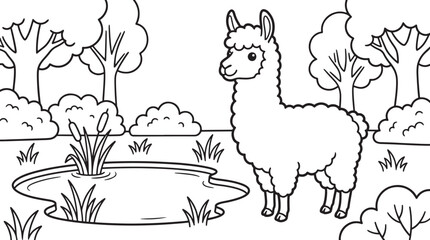 Fototapeta premium A fluffy llama standing near a small pond with reeds and bushes in a peaceful landscape, black and white line for children coloring book page, simple cartoon style nature also transparent background