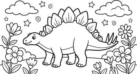 A cute stegosaurus dinosaur standing in a flower garden with stars and clouds in the sky, black and white line for children coloring book page, simple cartoon style nature also transparent background © PixelSaga MH2 