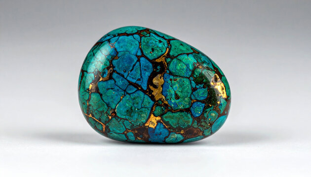 Chrysocolla in quartz gemstone with polished turquoise and blue matrix webbed by golden copper veins. Natural mineral macro photography concept, luxury crystal gemstone isolated on white.
