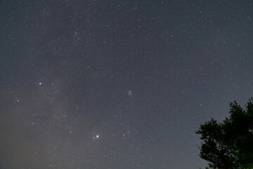 Pleiades cluster Taurus constellation and bright Jupiter over dark hill. © badescu