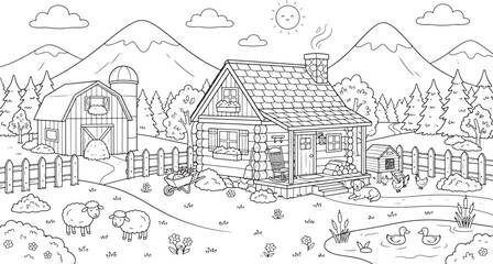 Fototapeta premium A cozy log cabin with a smoking chimney and a rocking chair on the porch, located on a farm with a barn, a pond with ducks, sheep, and mountains in the background, under a also, transparent background