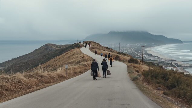 People walking on a winding coastal road with mountain and sea view