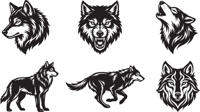 Set of black and white wolf illustrations featuring various poses and head portraits for creative design projects
