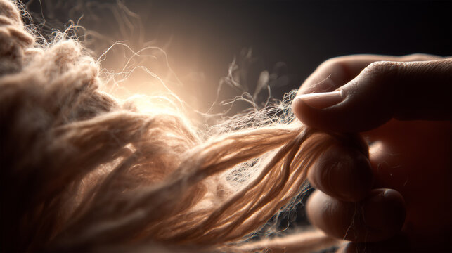 Fingers pull thin wool strands under studio light creating soft glow and slight movement