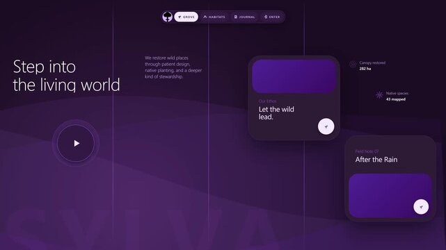 Deterministic time-based motion graphics adaptation of Sylva layout with a purple theme.