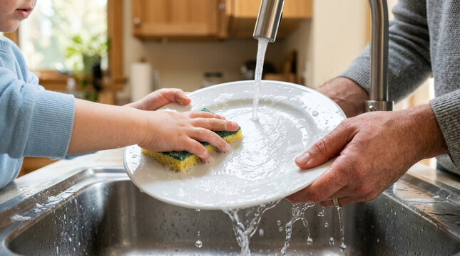 Father and Child Washing Dishes Together at Kitchen Sink