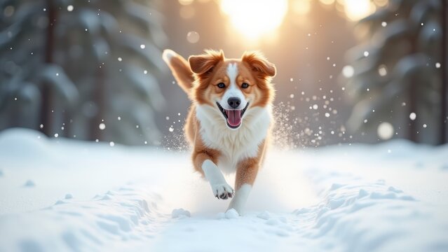 Photorealistic happy dog running through fresh snow during winter holiday morning, pine forest background, natural sunlight