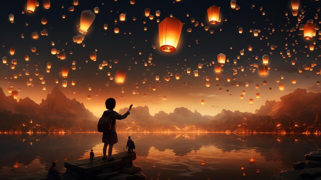 A child releases a lantern into a night sky filled with glowing lights over a serene lake, evoking wonder and joy.