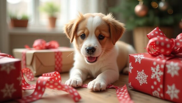 Photorealistic playful puppy surrounded by torn Christmas wrapping paper and ribbons, natural home setting, warm daylight