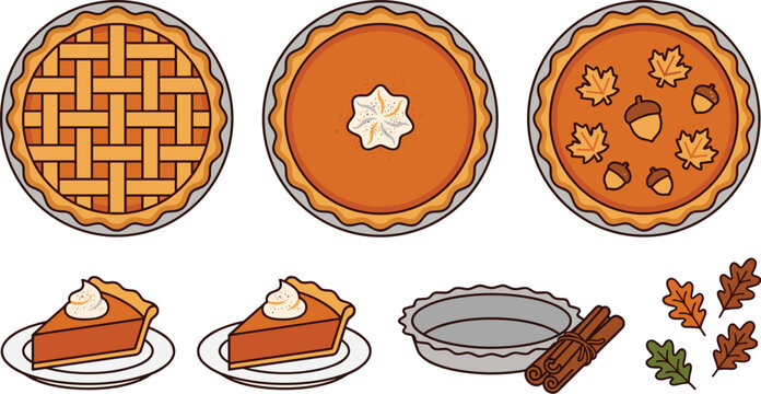 Autumn pie vector set featuring pumpkin pies with whipped cream, traditional lattice apple crusts, cinnamon sticks, baking pans, and decorative fall leaves,