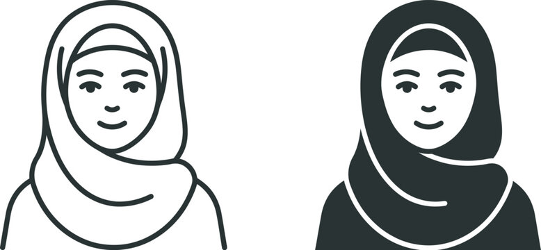 Set of two simple vector icons of a young woman wearing a traditional hijab headscarf isolated on white