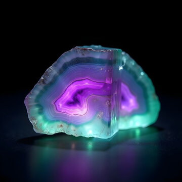 Fluorite crystal mineral slice with glowing purple and green bands