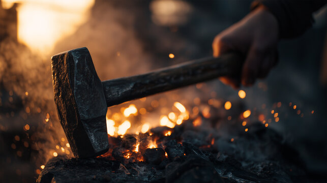 Hands hold hammer above glowing forge with sparks flying in a bright workshop at dusk during metalwork activity