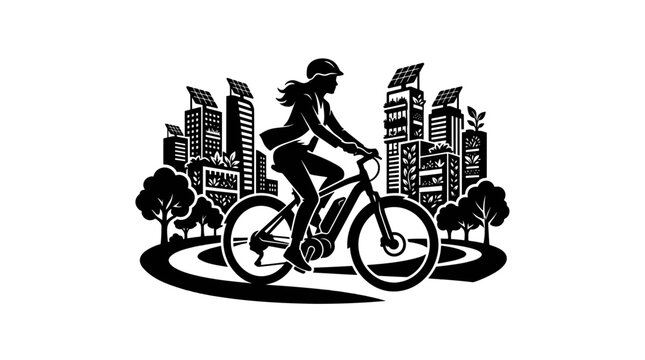 Woman riding an electric bicycle in a sustainable eco-friendly smart city silhouette vector illustration