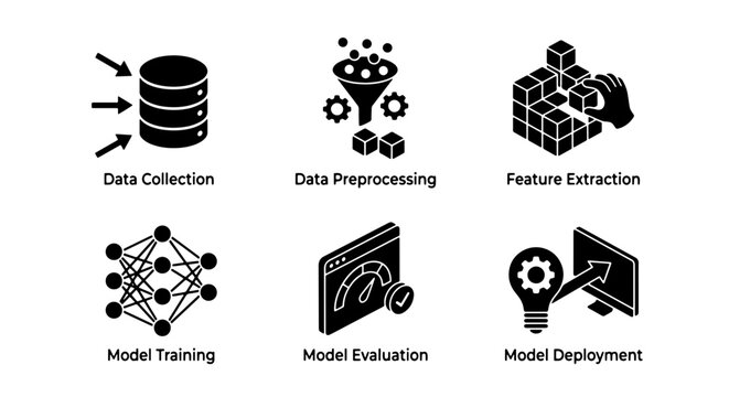 Machine Learning Process Icons: Data, Training, Evaluation, Deployment, Icons Set