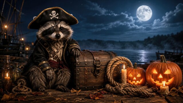 Cute raccoon dressed as pirate with hat and eye patch sitting on wooden treasure chest near glowing jack o lantern pumpkins under full moon.