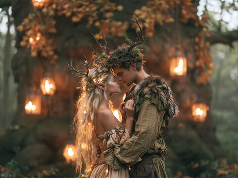 Magical fantasy couple with antlers and glowing lights embracing in an enchanted forest near a large ancient tree