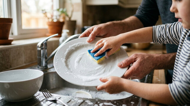 Father and child washing dishes together, family bonding, household chores