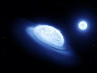 Massive star siphons material from its smaller companion. Stellar vampirism. Sun consumes gas from a dwarf star. © Nazarii