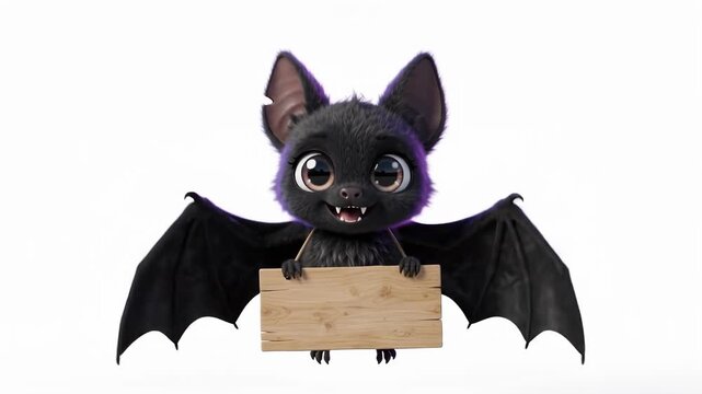 Cute cartoon bat with big eyes holding blank wooden sign flying