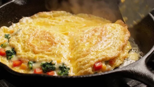 Cooking fluffy omelette with vegetables in cast iron pan. Hand folding egg omelet with spinach, carrot and cheese using spatula.