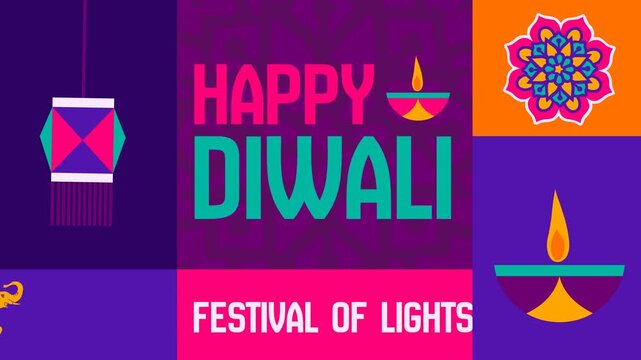 4K grid layout looping video with 'Happy Diwali' text, lantern, golden elephant, mandala, and diya lamp in vibrant purple, orange, and magenta blocks. Ideal for event screens and promos.