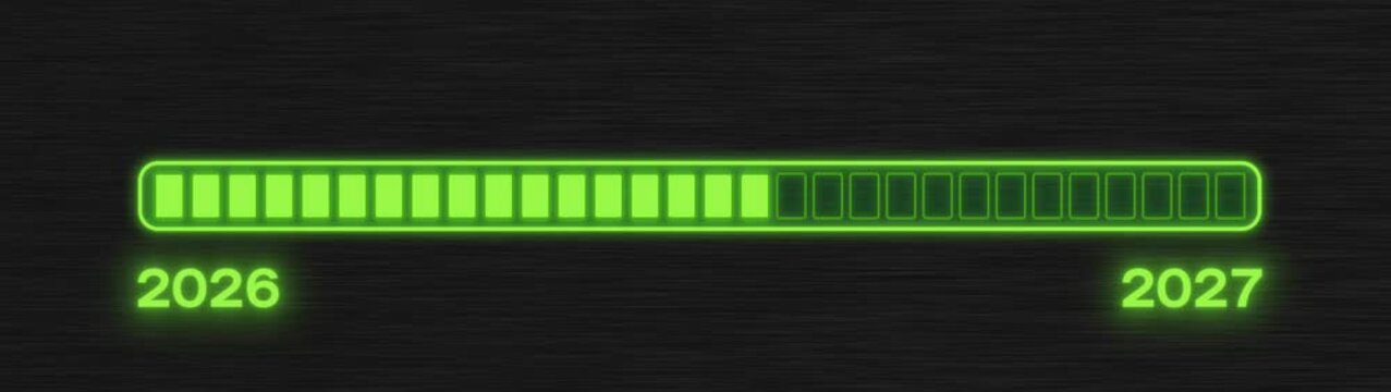 Video animation of loading bar in neon green with the message loading 2027 over dark background - new year concept - represents the new year 2027 - seamless loop.