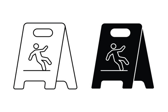 Vector icon set of wet floor caution signs, slippery surface hazard symbol for safety warning.