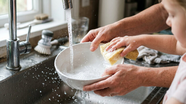 Father and Daughter Washing Dishes Together in Kitchen Sink