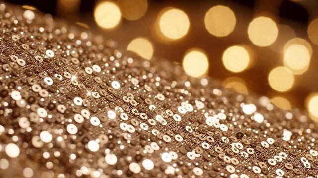 Golden sequins fabric background with sparkling bokeh lights. Shiny glitter textile texture close up for festive celebration and luxury party decoration concept